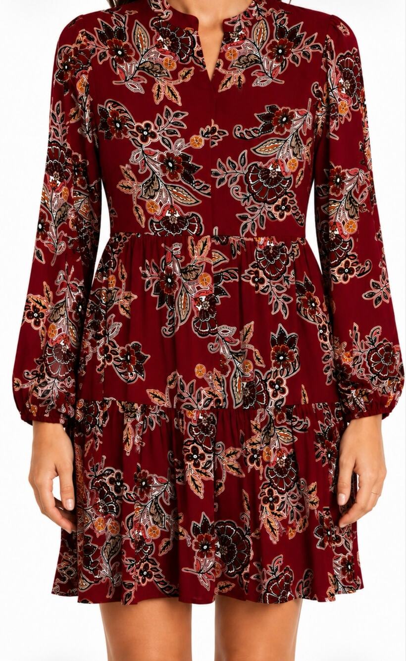 Jessica Howard 6 Petite Romantic Burgundy Floral Dress Tiered Ruffled Skirt